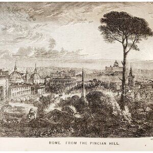 1873 Rome From Pincian Hill Wood Engraving Victorian Antique Biblical F12A